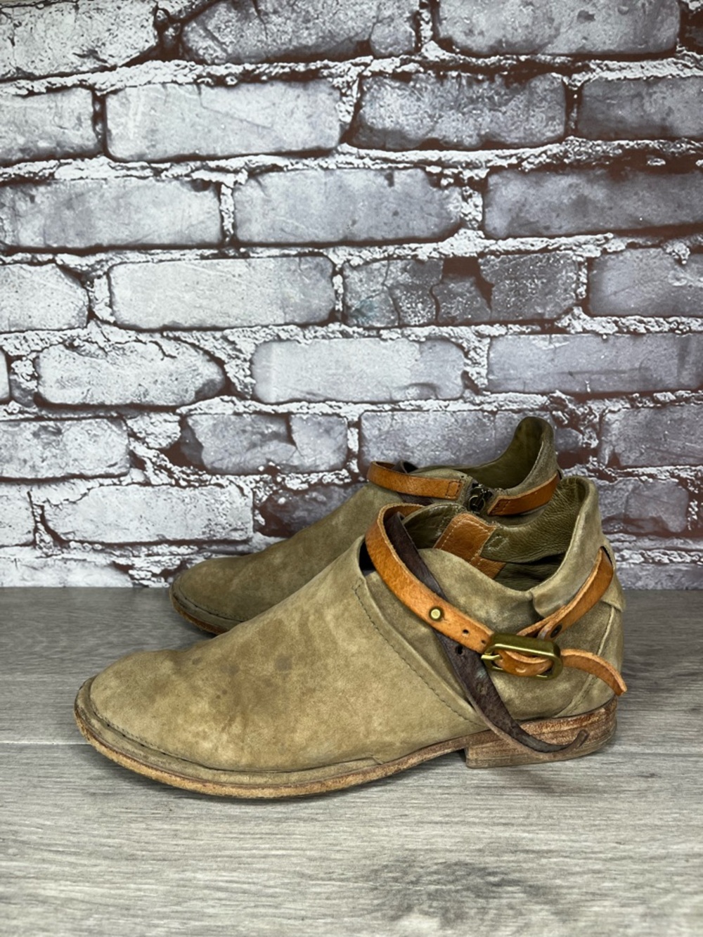 A.S 98 Felix Taupe Green Leather Straps Low Heel Booties Women sz 38EU/7-7.5M US